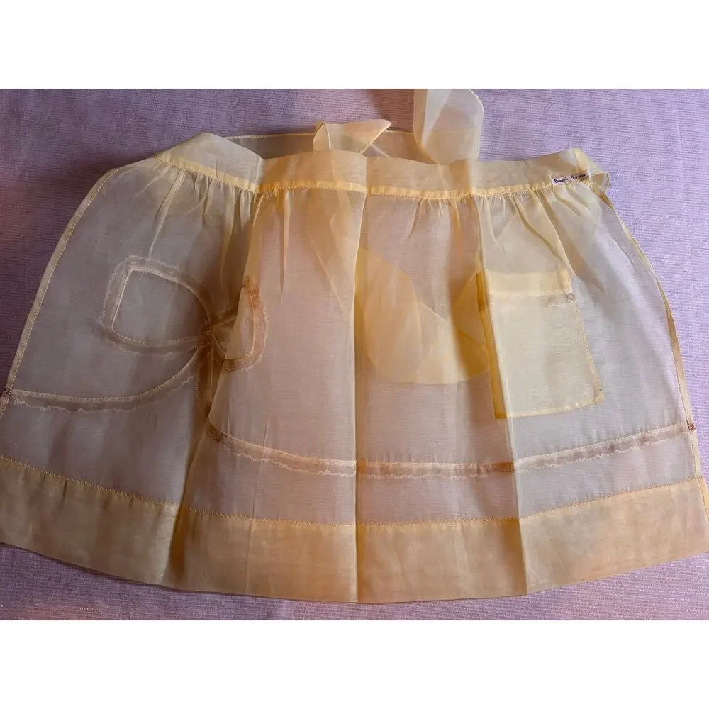 Vintage  1950s Yellow Hostess Half Apron Sheer Mid Century Housewife Bow Ribbon!